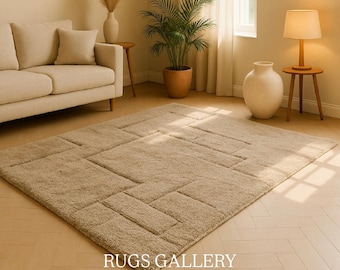 Hand getufteter neutraler Teppich | Minimal Geometrische Textur Teppich | Moderner Japandi Teppich für Wohnzimmer Schlafzimmer