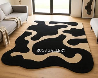 Abstract Hand Tufted Wool Rug – Modern Organic Shape Area Carpet in Black & Beige for Living Room Luxury Home Decor