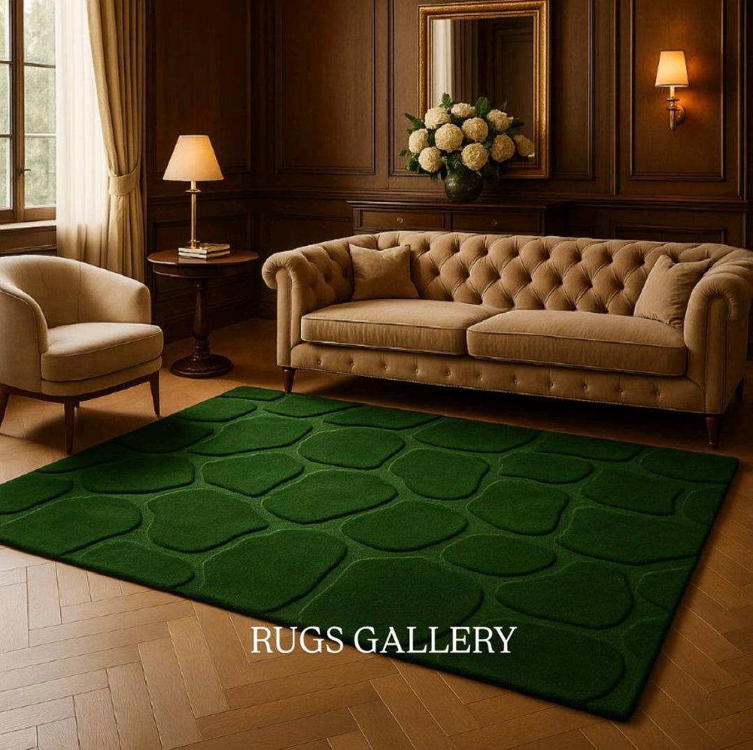 Patterned Green Rug Abstract Design Modern Green Abstract Rug | Handmade Organic Pebble Design Carpet ...