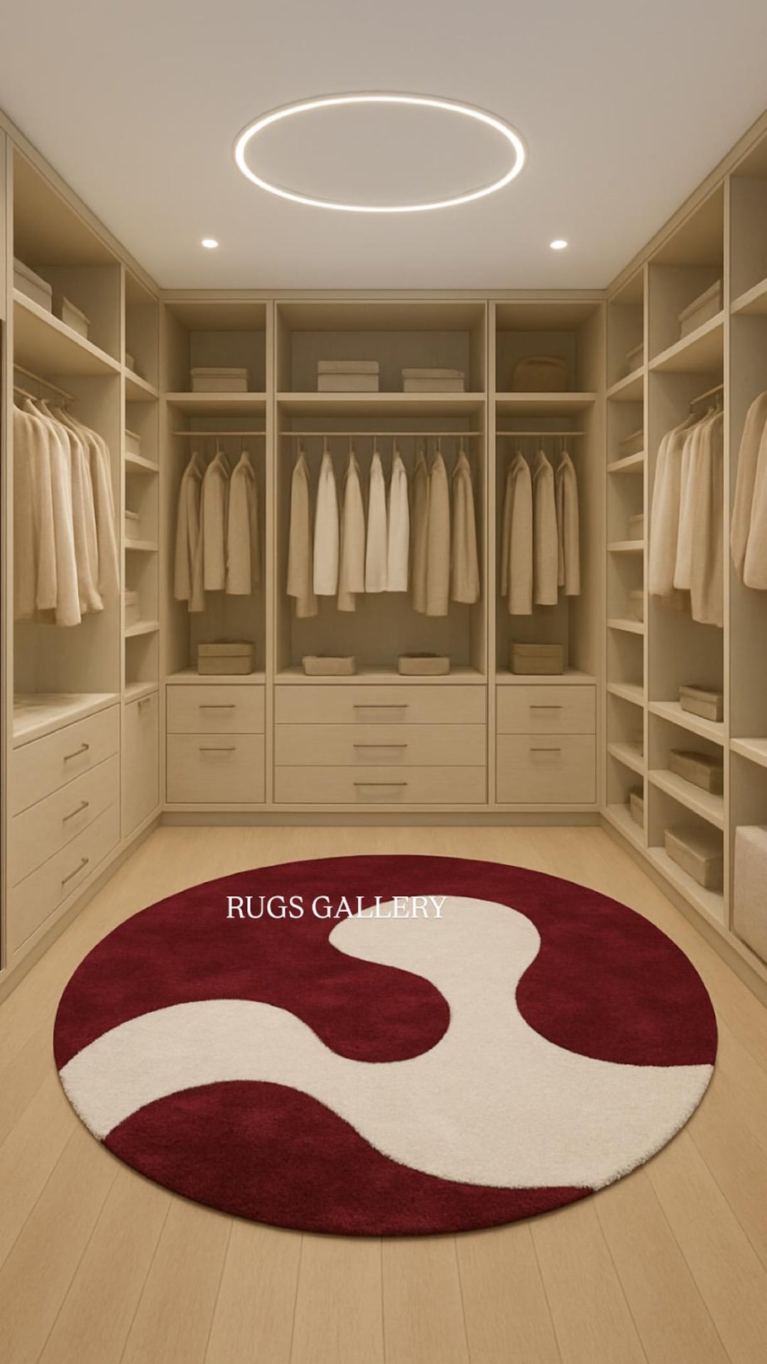 Round Abstract Rug, Burgundy Red Cream Swirl Carpet, Modern Minimalist ...