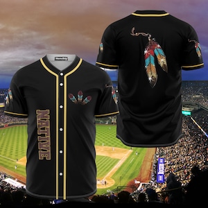 Custom Name Native Feather Baseball Jersey, Personalized Tribal Pattern Shirt, Colorful Sportswear, Indigenous Pride Gift
