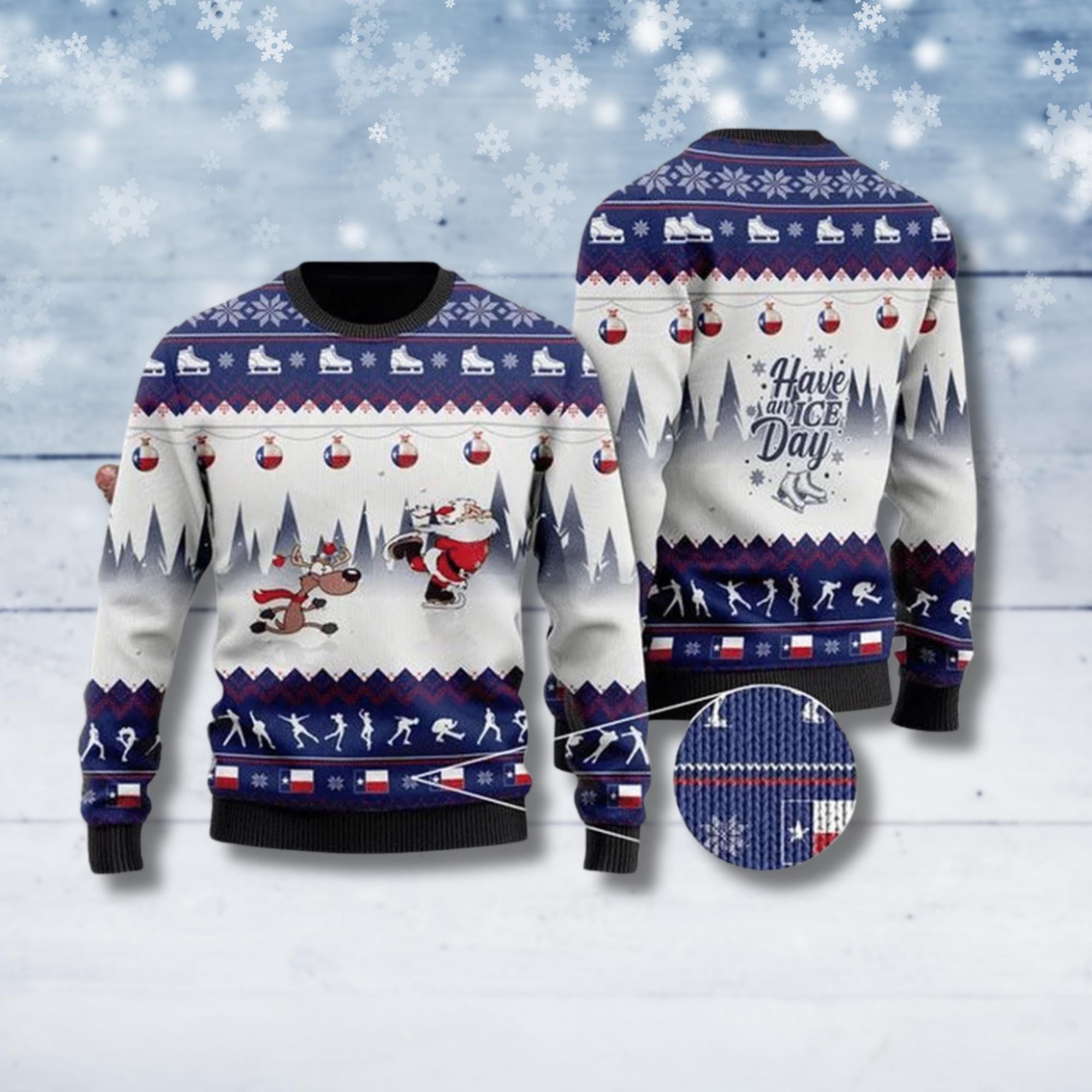 Discover Santa Ice Skating Ugly Christmas Sweater, Reindeer Knit Jumper