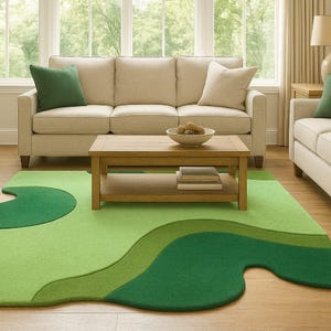 Handmade Green Abstract Rug: Wavy Boho Area Carpet