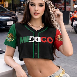 Custom Mexico Flag Baseball Crop Top Women Button Up Jersey, Personalized Name Number Mexico Sport Shirt, Latina Pride Gameday Outfit