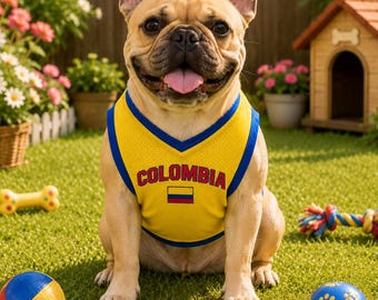 Puede incluir: Un bulldog francés marrón claro con una camiseta amarilla y azul con la palabra "COLOMBIA" y la bandera colombiana. El perro está sentado sobre hierba verde con una caseta para perros, juguetes y banderines de colores en el fondo.