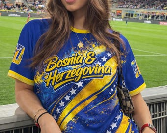 Custom Bosnia and Herzegovina Soccer Jersey, Personalized Football Shirt, Blue Yellow Tee