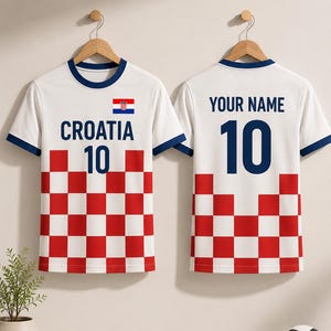 May include: White Croatia soccer jersey with blue trim, the number 10, and the Croatian flag. The front features "CROATIA 10" above a red and white checkered pattern. The back has "YOUR NAME" and the number 10.