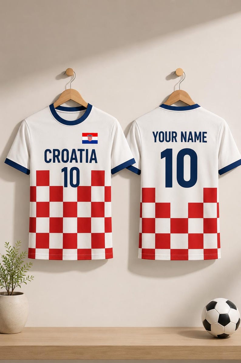 May include: White Croatia soccer jersey with blue trim, the number 10, and the Croatian flag. The front features "CROATIA 10" above a red and white checkered pattern. The back has "YOUR NAME" and the number 10.