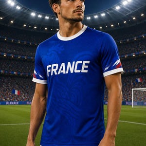 May include: A blue t-shirt with the word "FRANCE" in white block letters. The shirt has white trim on the collar and sleeves, with red and white accents on the sleeves. The shirt is worn with white shorts.