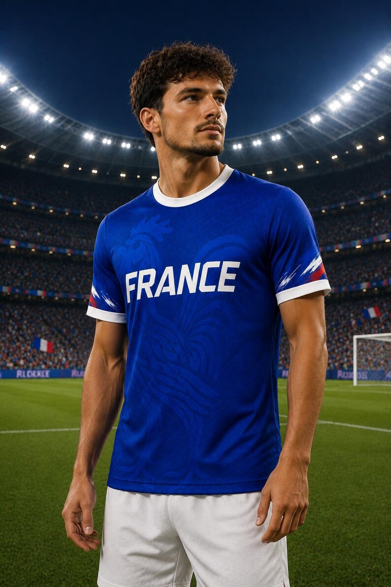 May include: A blue t-shirt with the word "FRANCE" in white block letters. The shirt has white trim on the collar and sleeves, with red and white accents on the sleeves. The shirt is worn with white shorts.