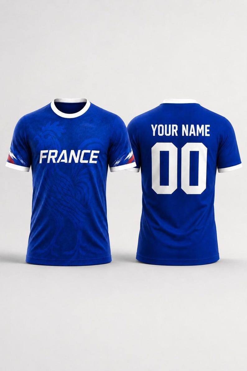May include: Two blue soccer jerseys. One displays "FRANCE" in white, the other has "YOUR NAME" and the number "00". Both have white trim on the collar and sleeves. The jerseys are a solid blue color with a subtle pattern.