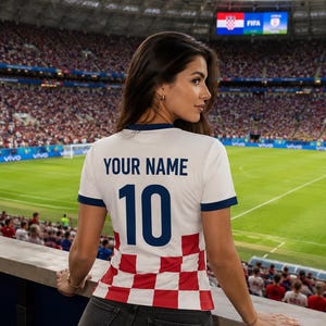May include: White soccer jersey with blue trim, the number 10, and the text "YOUR NAME" in navy blue. The bottom of the jersey has a red and white checkered pattern. The person is wearing black jeans.