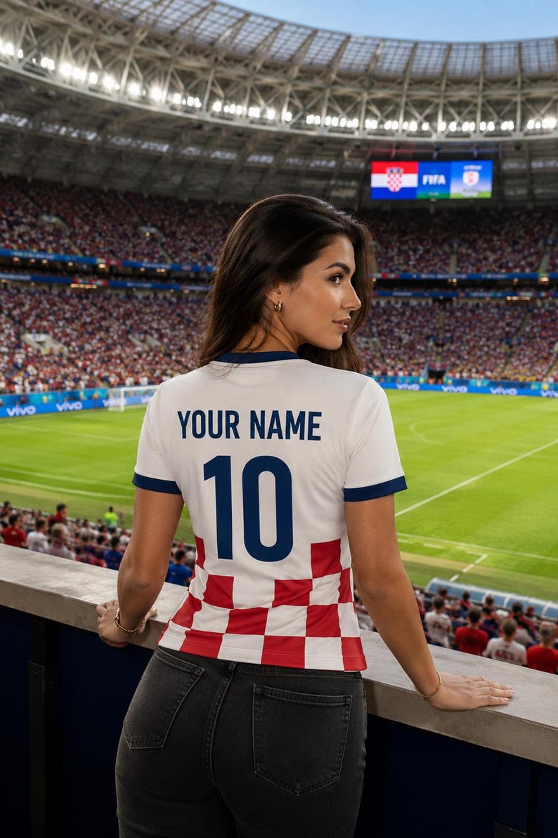 May include: White soccer jersey with blue trim, the number 10, and the text "YOUR NAME" in navy blue. The bottom of the jersey has a red and white checkered pattern. The person is wearing black jeans.
