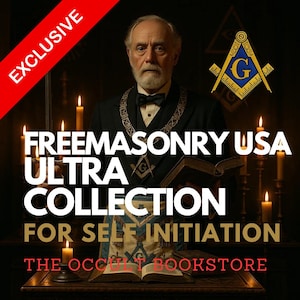 May include: An image with the text "EXCLUSIVE" in a red banner. The image features a man in a suit with a bow tie, holding a book. The text "FREEMASONRY USA ULTRA COLLECTION FOR SELF INITIATION" is displayed. The image also includes the text "THE OCCULT BOOKSTORE".