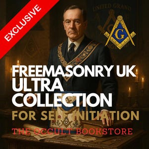Puede incluir: Imagen con el texto "FREEMASONRY UK ULTRA COLLECTION FOR SELF INITIATION" y "THE OCCULT BOOKSTORE". La imagen presenta a un hombre con traje, el símbolo masónico y la palabra "EXCLUSIVE" en una pancarta roja.