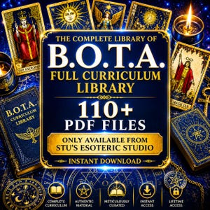 Puede incluir: Un gráfico digital con el texto THE COMPLETE LIBRARY OF B.O.T.A. FULL CURRICULUM LIBRARY 110+ PDF FILES ONLY AVAILABLE FROM STU'S ESOTERIC STUDIO INSTANT DOWNLOAD, rodeado de cartas del tarot, libros azules y velas encendidas.