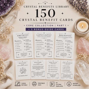 Könnte beinhalten: Ein Set aus 150 Kristall-Nutzenkarten mit dem Titel Crystal Benefits Library, bestehend aus drei Hauptkarten für Amethyst, Lapislazuli und Moldavit sowie vier Anleitungskarten. Die weißen Karten sind mit schwarzem Text bedruckt und listen Details auf.