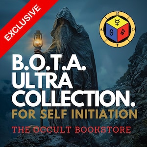 Puede incluir: Imagen con el texto "EXCLUSIVE" en una pancarta roja. La imagen presenta una figura con túnica sosteniendo una linterna, con el texto "B.O.T.A. ULTRA COLLECTION. FOR SELF INITIATION" y "THE OCCULT BOOKSTORE". Un emblema circular está en la esquina superior derecha.