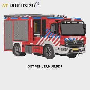 May include: An embroidery design of a red fire engine with blue and white diagonal stripes on the side, a black grille with a Mercedes logo, and a ladder on the roof. The text AT DIGITIZING and DST, PES, JEF, HUS, PDF are visible in the image.