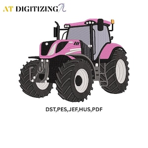 May include: A pink tractor with black tires and a gray cab. The tractor has a detailed design, with the text "AT DIGITIZING" at the top left. The bottom of the image displays the text "DST, PES, JEF, HUS, PDF".