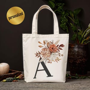 Vintage Floral Letter Tote Bag – Personalized Canvas Shopper, Initial Tote Bag, Reusable Eco-Friendly Bag, Gift for Her, Cottagecore Tote