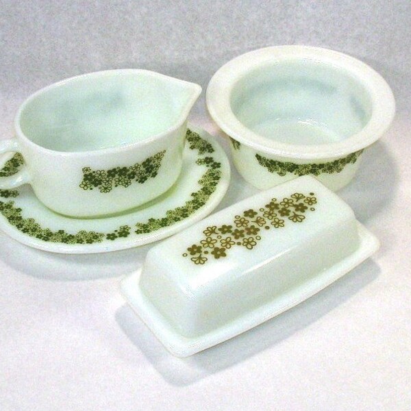 Pyrex,Crazy Daisy/Spring Blossom, Gravy Boat, Butter Dish, Margarine Tub container