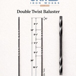 May include: Black double twist baluster with dimensions shown in inches. The baluster has a twisted design and is labeled "Double Twist Baluster" with the "UNITED IRON WORKS EST 2020" logo.