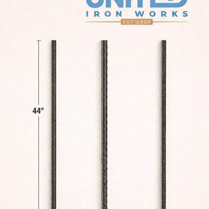 May include: Three black, textured iron bars, each with a plain design. One bar is measured at 44 inches in length. The logo "UNITED IRON WORKS EST 2020" is at the top of the image.