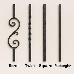 May include: Image of four black ironwork samples: Scroll, Twist, Square, and Rectangular. The United Iron Works logo is at the top. The scroll design features a decorative swirl. The twist design has a spiral pattern. The square and rectangular designs are simple.