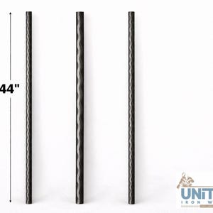 May include: Three black wrought iron rods, each with a textured, wavy pattern. The rods are 44 inches long. The logo for United Iron Works is in the bottom right corner.