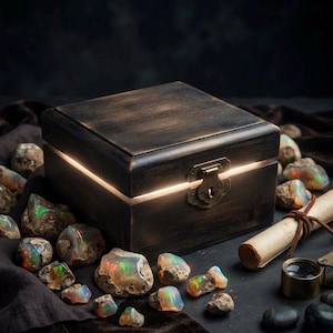 May include: A dark, weathered wooden box with a glowing interior seam and an ornate brass latch, surrounded by numerous raw, iridescent opal stones, a rolled parchment scroll tied with a leather cord, and a small brass magnifying glass.