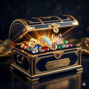 Op de afbeelding: Een marineblauwe schatkist met gouden details, gevuld met kleurrijke edelstenen en kristallen. De kist is open en toont een gloeiende opaal en diverse edelstenen. De tekst "LUXURY MYSTERY GEM BOX" staat op een gouden plaatje.