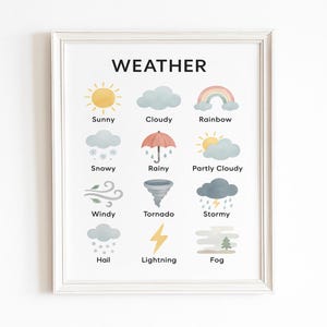Gráfico de clima infantil para impressão – Arte de parede educacional inspirada em Montessori para decoração de berçário, sala de jogos ou educação domiciliar
