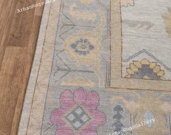 Alfombra Oushak moderna en tonos pastel, alfombra de lana hecha a mano de 8x10 y 9x12, anudada a mano para dormitorio, sala de estar, salón, cocina, alfombra Oushak geométrica.