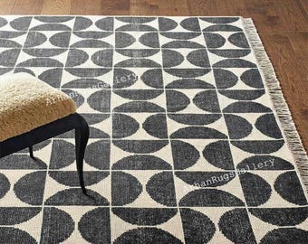 Modern Hand Knotted Area Rug, Black and White Geometric Oushak Rug for Bedroom Living Room Dining Area, Handmade Wool Rug, Turkish Oushak Ru