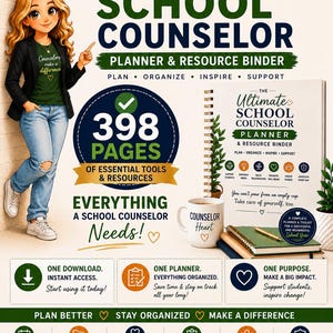 May include: The Ultimate School Counselor Planner & Resource Binder with 398 pages, featuring a cartoon character, a spiral-bound book, a mug labeled Counselor Heart, and a gold pen. Text includes Plan, Organize, Inspire, Support, and various icons.