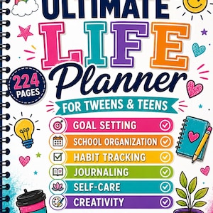 Può includere: Un'agenda a spirale intitolata The Ultimate Life Planner for Tweens & Teens con 224 pagine. La copertina presenta testo colorato, un arcobaleno, una faccina sorridente e icone per obiettivi, organizzazione scolastica, abitudini, diario, cura di sé e creatività. Testo: Dream Big. Stay Organized. Be You.