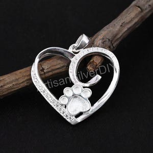925 Sterling Silver Pendant, Dog Paw Blank Bezel Heart Pendant With CZ Setting, Good for Resin & Ashes Work, Breastmilk/Keepsake DIY, Locket