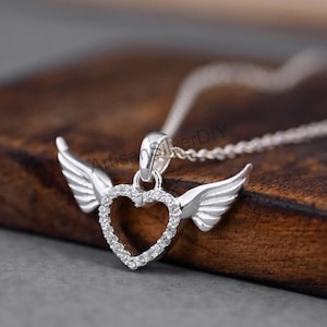 925 Sterling Silver Heart Angel Wings Pendant Necklace, Handmade Jewelry, Sympathy Gift for Women, Guardian Angel Charm Necklace Jewelry