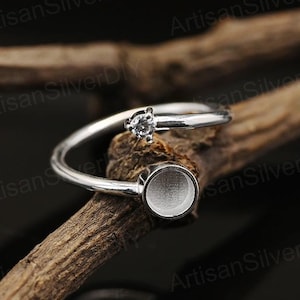 925 Sterling Silver 5mm Round Blank Bezel CZ Setted Adjustable Band Ring Setting, Good for Resin & Ashes, Keepsake/Breastmilk DIY Crafts