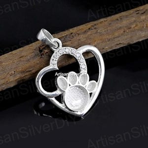 925 Sterling Silver Pendant, Dog Paw Blank Bezel Heart Pendant With CZ Setting, Good for Resin & Ashes Work, Breastmilk/Keepsake DIY, Locket
