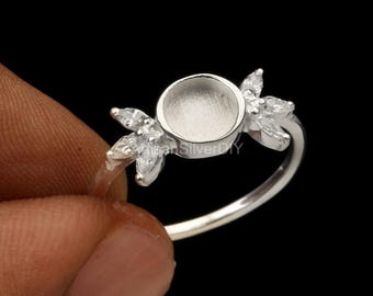 925 Sterling Silver 6mm Round Shape Blank Bezel with Marquise CZ Ring, Good for Resin & Ashes Breastmilk DIY Work, Keepsake Ring Crafts,