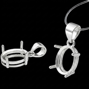 May include: Two silver oval pendant settings. One is attached to a thin silver chain. The settings have four prongs to hold a gemstone. The pendants are displayed against a black background.