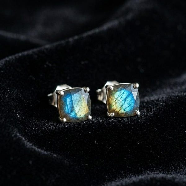 Natural Labradorite Stud Earrings 925 Sterling Silver – Blue Flash Cushion 6x6mm Gemstone Studs – Prong Set Minimalist Silver Earrings