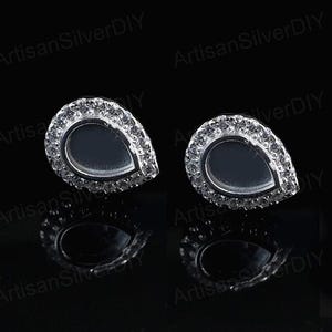 925 Sterling Silver 5x7mm Pear Shape Blank Bezel Stud Earring with Surrounded Zircon Setted, Good for Resin & Ashes Work, Keepsake DIY Craft