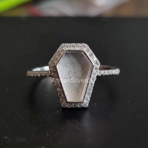 925 Sterling Solid Silver 10x7mm Coffin Blank Bezel with Zircon Setted Ring, Good for Stone, Resin & Ashes, Keepsake/Breastmilk DIY Crafts