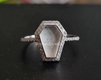 Bisel de ataúd de plata maciza de ley 925 de 10 x 7 mm con anillo de circonita engastado. Ideal para piedras, resina y cenizas. Ideal para recuerdos y manualidades con leche materna.