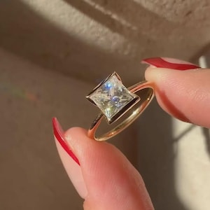2ct Princess Moissanite Solitaire Engagement Ring, Half Bezel Set Princess Cut Ring, Tension Set Ring, Minimalist 14k Yellow Gold Ring