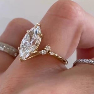 Marquise Cut Moissanite Engagement Ring, 14k Solid Gold Vintage Leaf 6 Prong Ring, Bypass Wedding Ring, Art Deco Bridal Ring, Proposal Ring