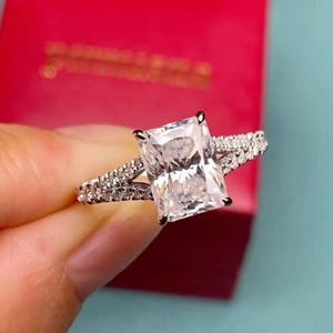 Radiant Cut Colorless Moissanite Engagement Ring, Antique Cathedral Setting Engagement Ring, Vintage 14k White Gold Split Shank Wedding Ring